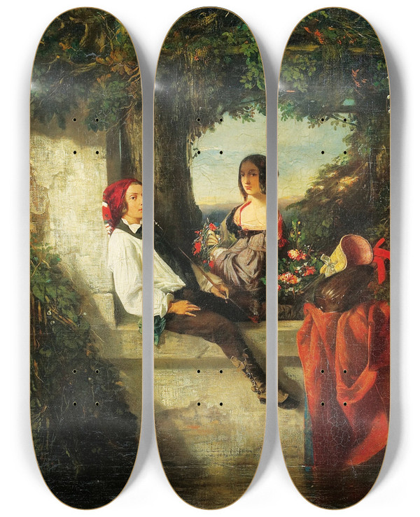 Triptych art skateboard deck of Celestin Nanteuil Conversation Sous Un Arbre by Celestin Nanteuil (1813-1873)