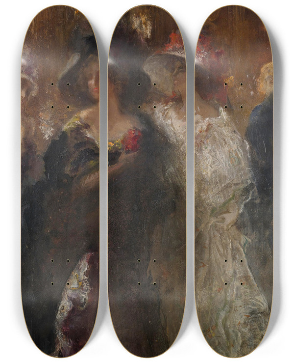 Triptych art skateboard deck of Pompeo Mariani Two Elegant Ladies by Pompeo Mariani (1857-1927)
