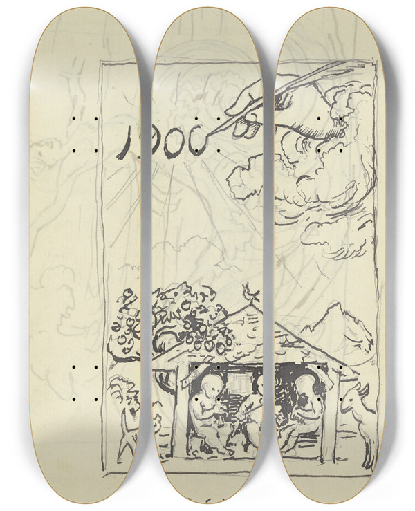 Triptych art skateboard deck of Hans Thoma New Years Day 1901 by Hans Thoma (1839-1924)