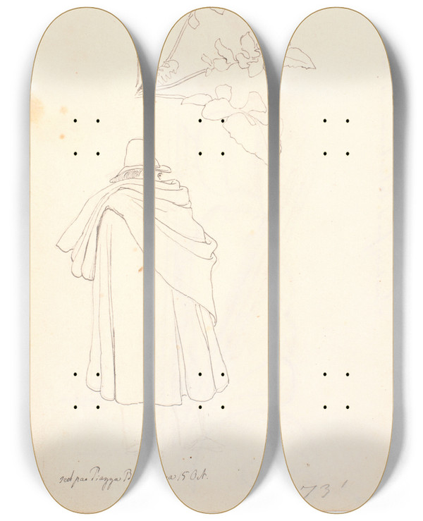 Triptych art skateboard deck of Johan Thomas Lundbye Studie Af En Lvetandsplante Og Italiener Hyllet I Sin Kappe by Johan Thomas Lundbye (1818-1848)