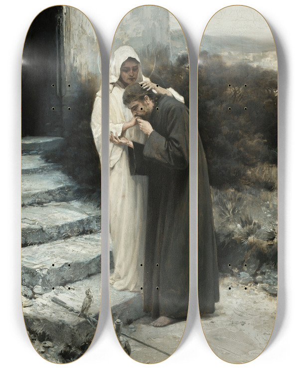 Triptych art skateboard deck of Piotr Stachiewicz Our Lady Says Farewell To Christ by Piotr Stachiewicz (1858-1938)