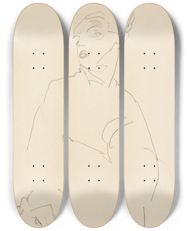 Triptych art skateboard deck of Egon Schiele Selbstportrt_1 by Egon Schiele (1890-1918)