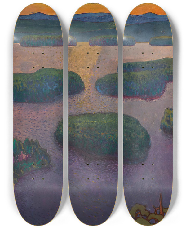 Triptych art skateboard deck of Eero Jrnefelt Sunset Over A Lake_1 by Eero Jarnefelt (1863-1937)