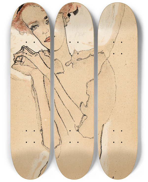 Triptych art skateboard deck of Egon Schiele Frauenbildnis Iii by Egon Schiele (1890-1918)