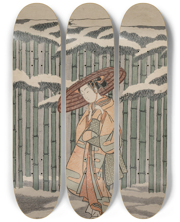 Triptych art skateboard deck of Suzuki Harunobu Passing The Bamboo Grove by Suzuki Harunobu (1724-1770)