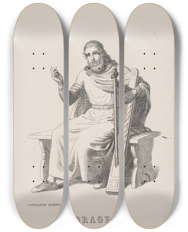 Triptych art skateboard deck of Hans Christian Henneberg Brage Illustration Til Fabricius Danmarks Historie 1 by Hans Christian Henneberg (1826-1893)