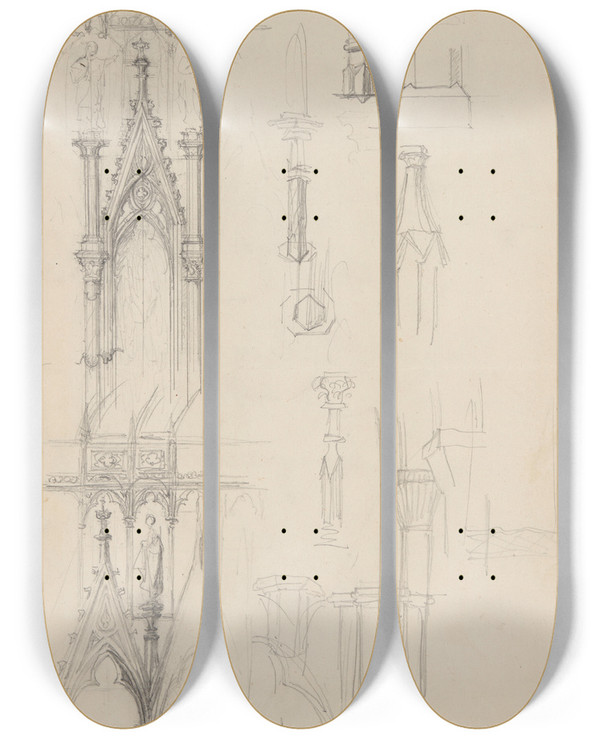 Triptych art skateboard deck of Jzef Simmler Sketches Of Gothic Architectural Details_2 by Jozef Simmler (1823-1868)
