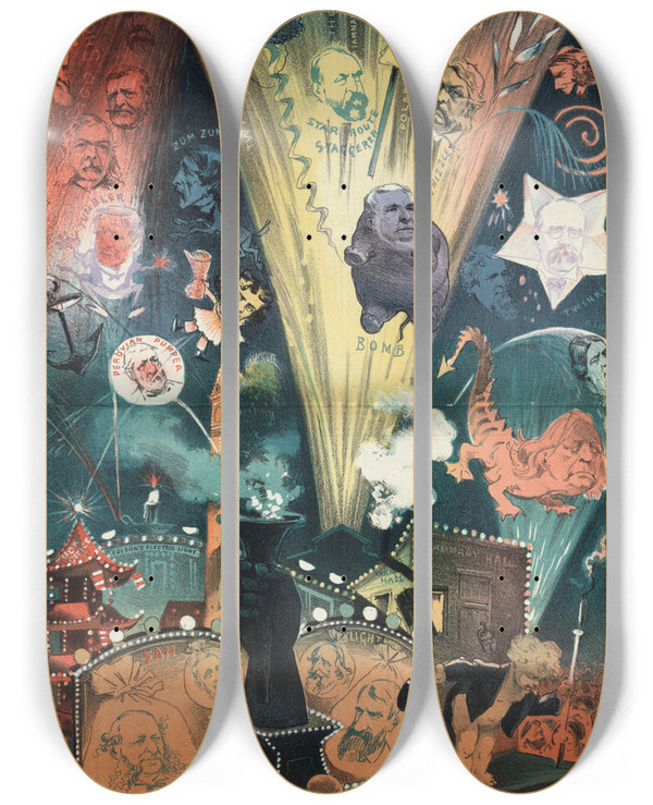 Triptych art skateboard deck of Frederick Burr Opper Pucks Pyrotechnics Fourthofjuly Fireworks Free To All by Frederick Burr Opper (1857-1937)