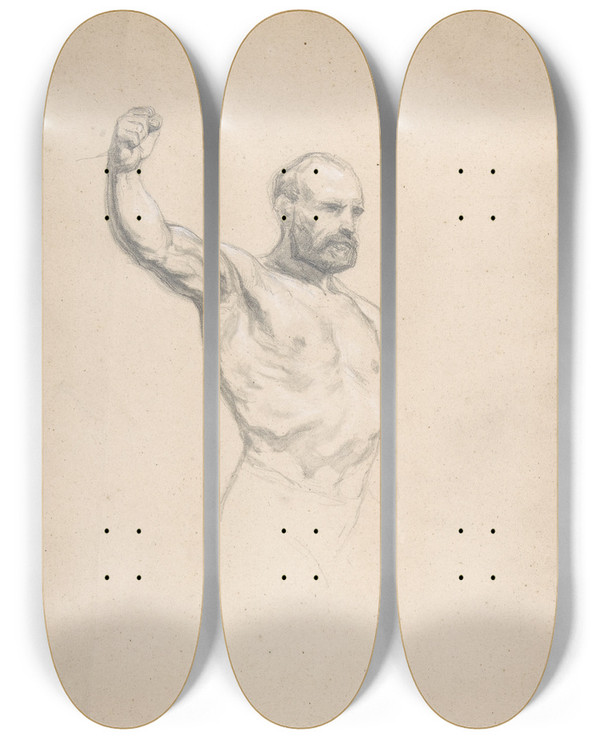 Triptych art skateboard deck of Rosa Bonheur Bearded Barechested Male Figure Study For The Horse Fair by Rosa Bonheur (1822-1899)