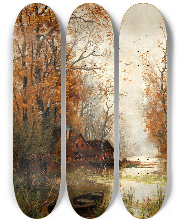 Triptych art skateboard deck of Adolf Kaufmann Im Wald Von Fontainebleau by Adolf Kaufmann (1848-1916)
