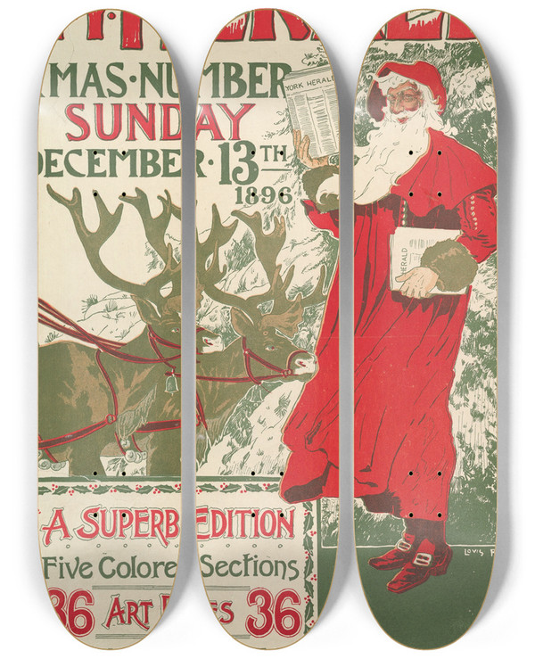 Triptych art skateboard deck of Louis Rhead The New York Herald Xmas Number by Louis Rhead (1857-1926)