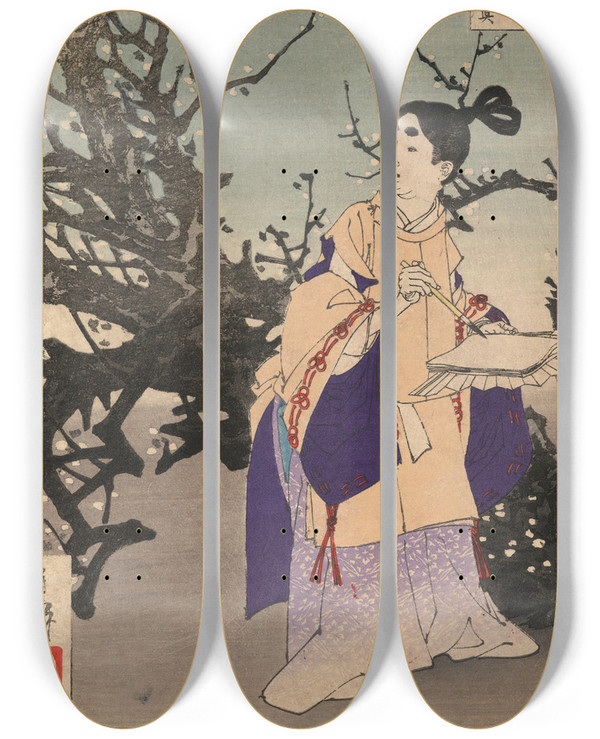 Triptych art skateboard deck of Tsukioka Yoshitoshi Sugawara No Michizane_1 by Tsukioka Yoshitoshi (1839-1892)