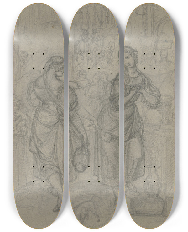 Triptych art skateboard deck of Ferdinand Fellner Gretchen Und Die Nachbarin Am Brunnen by Ferdinand Fellner (1799-1859)