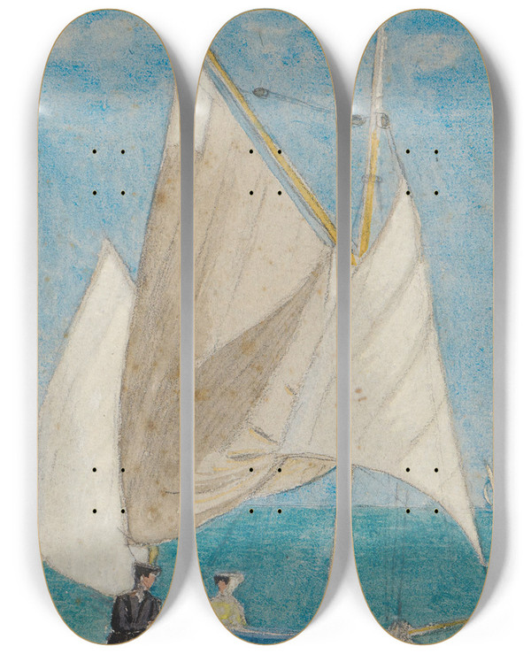 Triptych art skateboard deck of Joseph Edward Southall A Fishing Boat by Joseph Edward Southall (1861-1944)