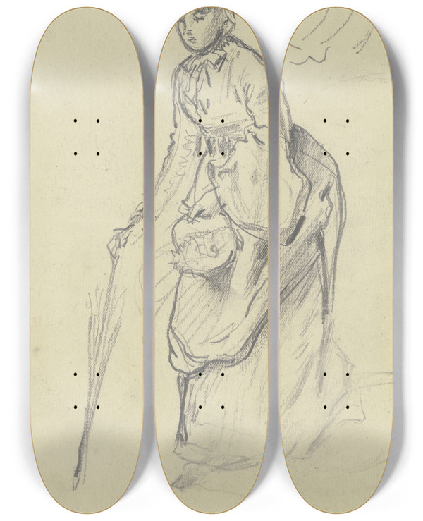 Triptych art skateboard deck of Otto Scholderer Schreitende Dame Mit Schirm by Otto Scholderer (1834-1902)