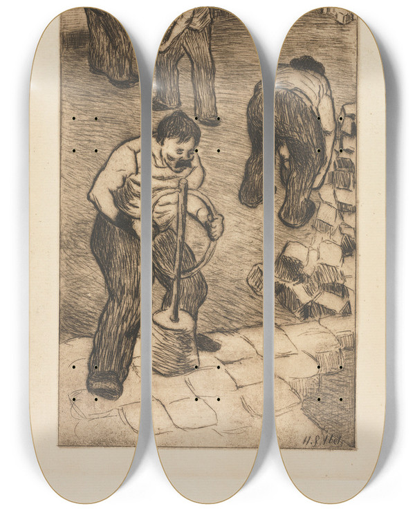 Triptych art skateboard deck of Henrigabriel Ibels The Street Pavers by Henri-Gabriel Ibels (1867-1936)