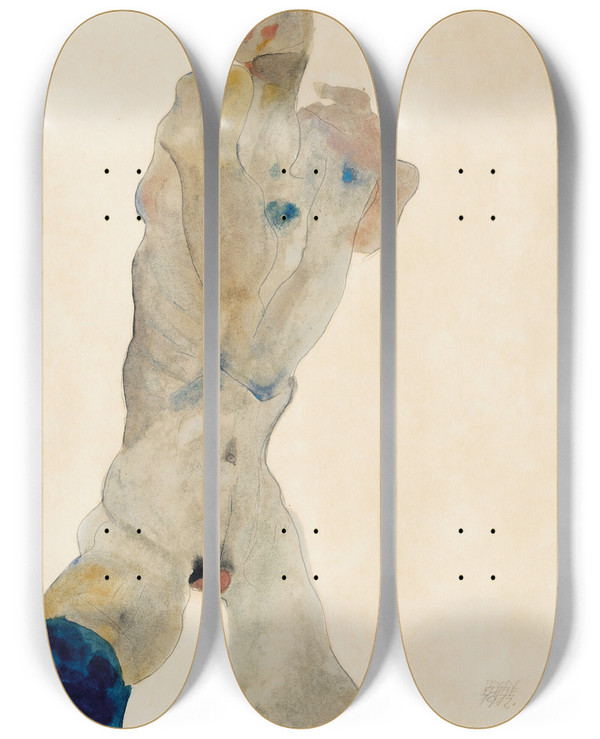 Triptych art skateboard deck of Egon Schiele Stehender Mnnlicher Akt Mit Verschrnkten Armen Selbstportrait by Egon Schiele (1890-1918)