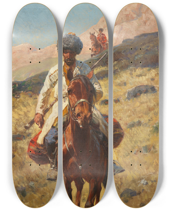 Triptych art skateboard deck of Franz Roubaud Kaukasische Reiter by Franz Roubaud (1856-1928)