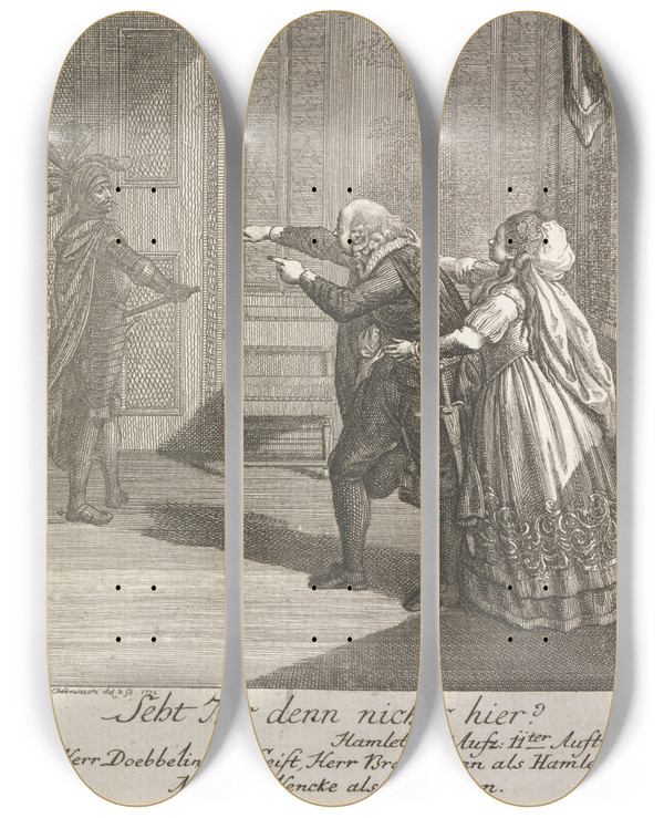Triptych art skateboard deck of Daniel Nikolaus Chodowiecki Seht Ihr Denn Nichts Hier Hamlet Act Iv Scene Ii by Daniel Nikolaus Chodowiecki (1726-1801)