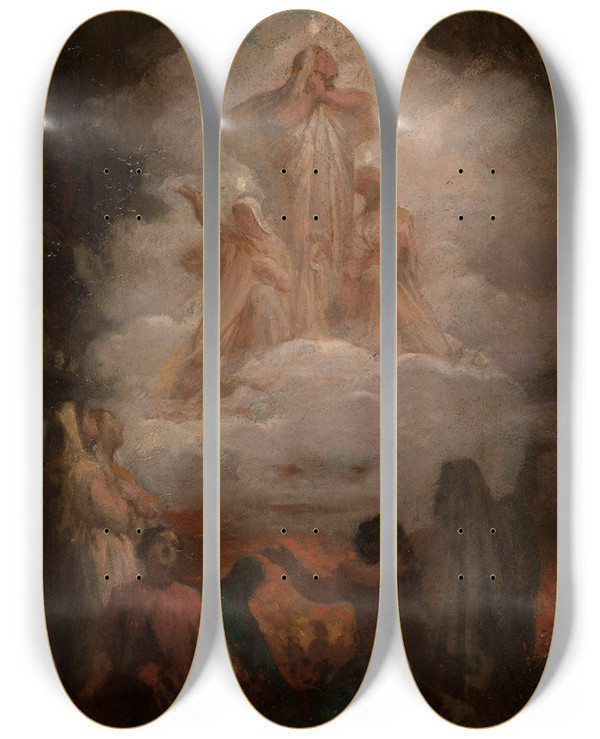 Triptych art skateboard deck of Pierrenicolas Brisset Les Mes Du Purgatoire by Pierre-Nicolas Brisset (1810-1890)