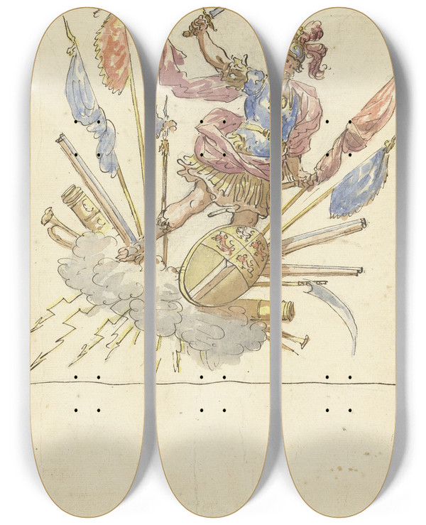 Triptych art skateboard deck of Elias Van Nijmegen Ontwerp Voor Een Banier Met Mars Wapentuig En Het Wapen Van Rotterdam by Elias Van Nijmegen (1667-1755)
