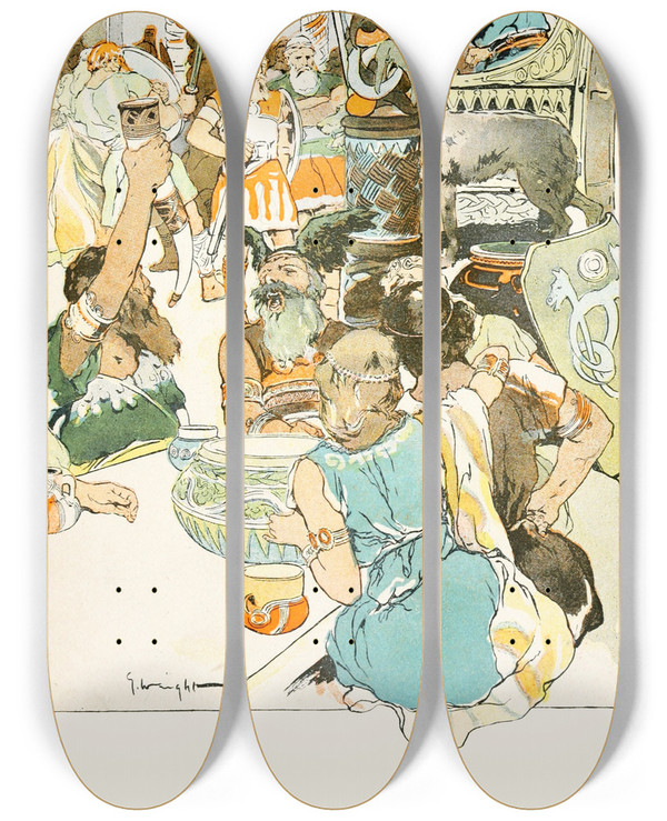 Triptych art skateboard deck of George Hand Wright Gylfe Stood Boldly Before Odin by George Hand Wright (1872-1951)
