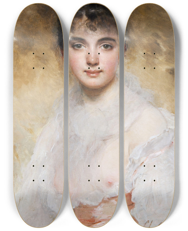 Triptych art skateboard deck of Charles Chaplin Portrait Of A Young Woman by Charles Chaplin (1825-1891)