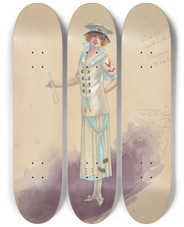Triptych art skateboard deck of Will R Barnes Yachting Girls by Will R Barnes (1939)