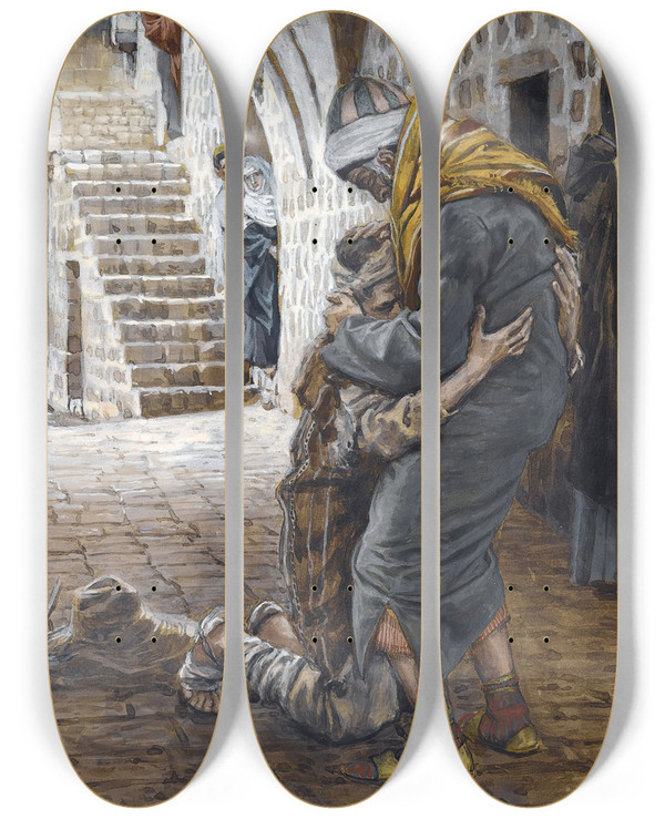 Triptych art skateboard deck of James Tissot The Return Of The Prodigal Son_1 by James Tissot (1836-1902)