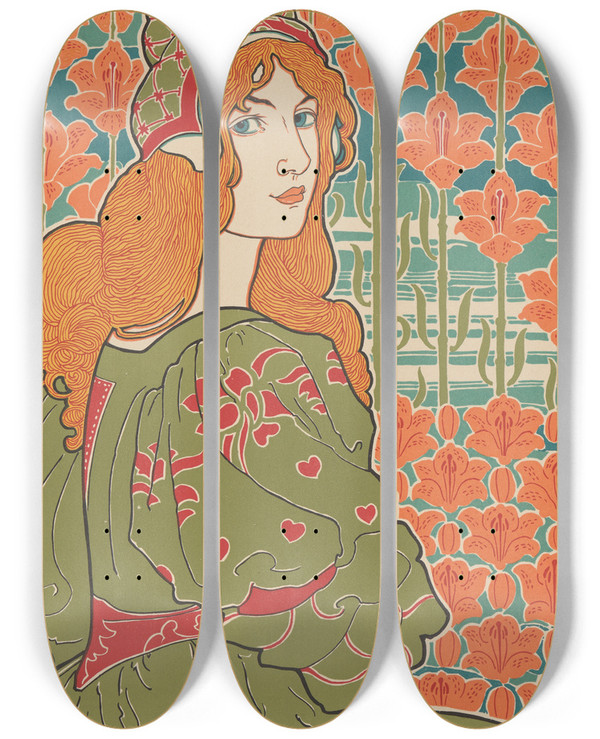 Triptych art skateboard deck of Louis Rhead Jane by Louis Rhead (1857-1926)