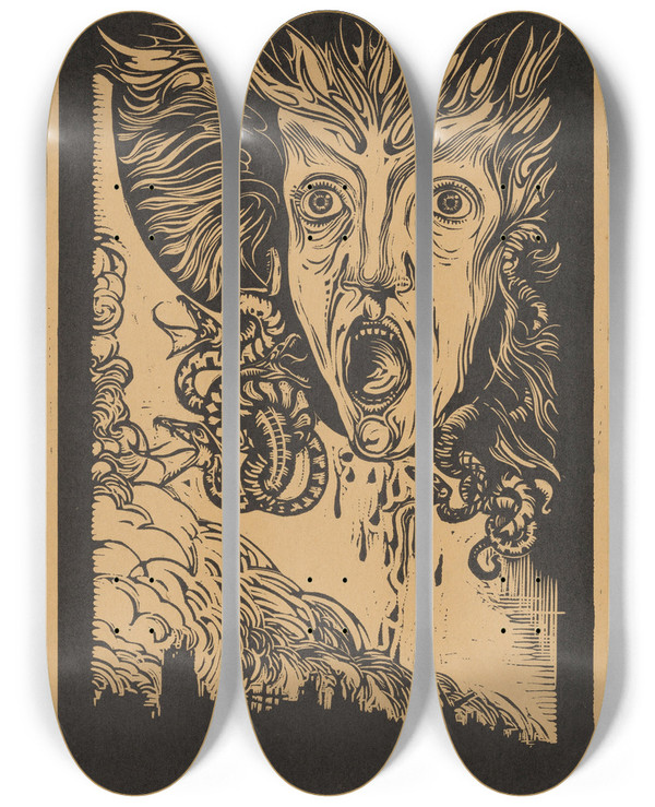 Triptych art skateboard deck of Huib Luns Bellona by Huib Luns (1881-1942)