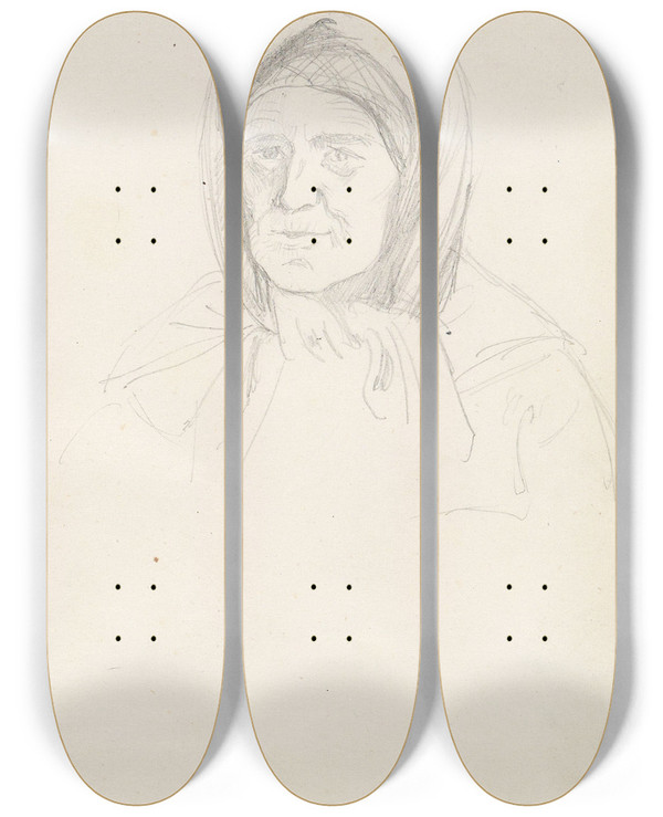 Triptych art skateboard deck of Adolph Tidemand Kvinneportrett by Adolph Tidemand (1814-1876)