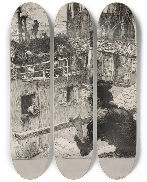 Triptych art skateboard deck of Auguste Louis Lepre Sur Les Toits Pres Notre Dame by Auguste Louis Lepere (1849-1918)