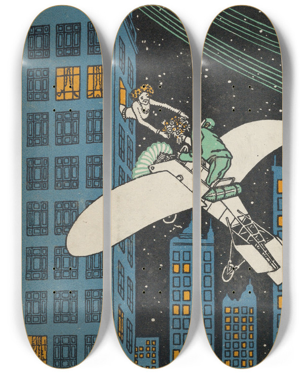 Triptych art skateboard deck of Moriz Jung Tte Tte On The 968Th Floor Of A Skyscraper Tte Tte Am Wolkenkratzer 968 Etage by Moriz Jung (1885-1915)