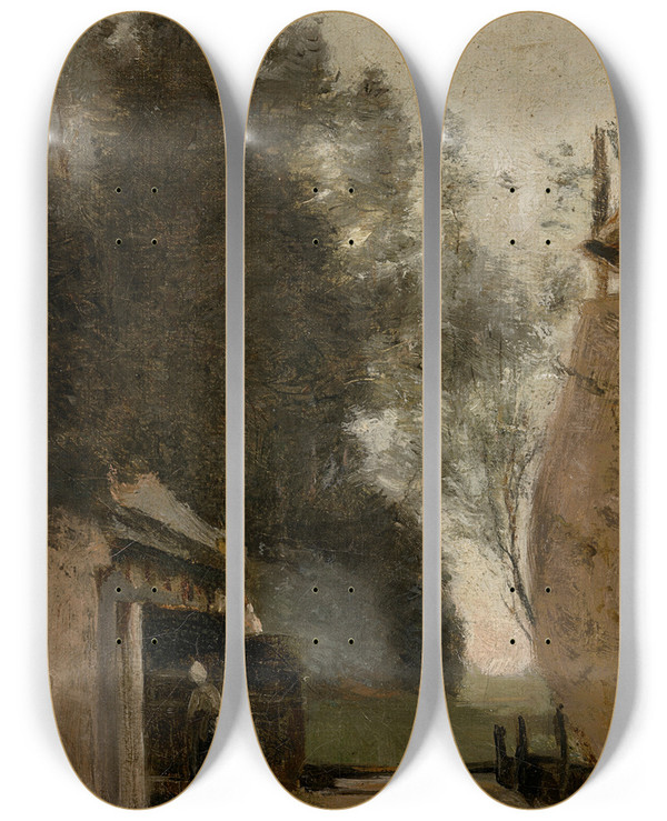 Triptych art skateboard deck of Jeanbaptistecamille Corot Environs Damsterdam Petite Ferme Des Bords De Lamstel by Jean-Baptiste-Camille Corot (1796-1875)