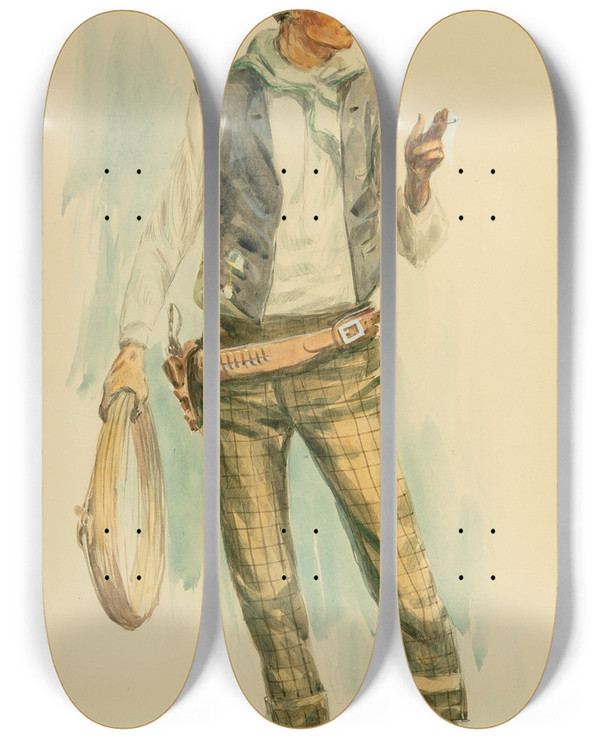 Triptych art skateboard deck of Elling William Gollings The Ranahan by Elling William Gollings (1878-1932)