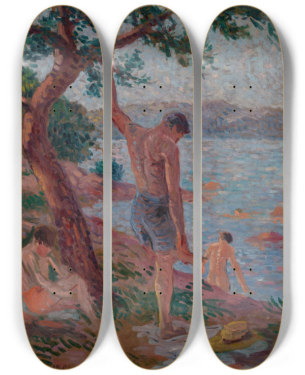 Triptych art skateboard deck of Maximilien Luce Sainttropez Baigneurs Sous La Pinde by Maximilien Luce (1858-1941)