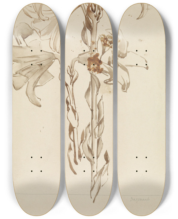 Triptych art skateboard deck of Antoon Derkinderen Studieblad Met Twee Takken Lelies by Antoon Derkinderen (1859-1925)
