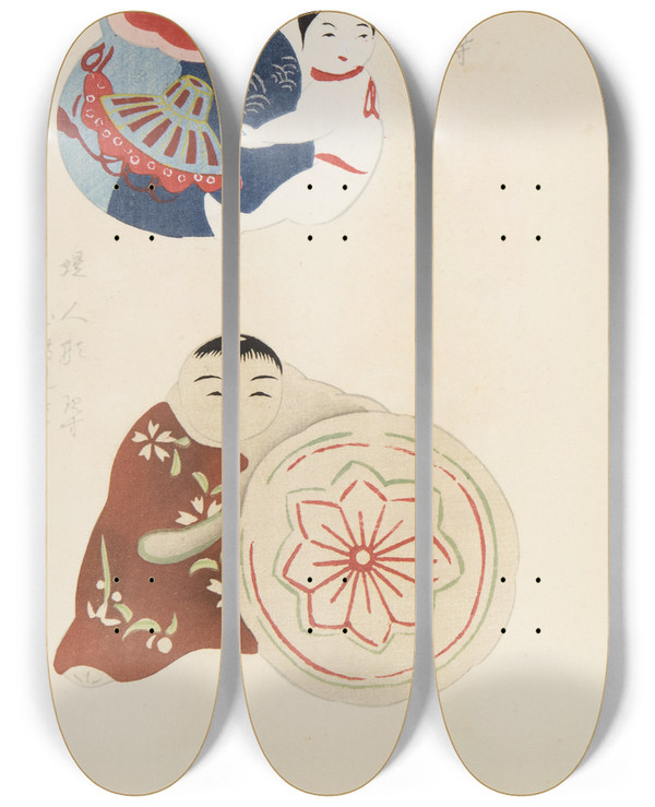 Triptych art skateboard deck of Shimizu Seif Unai No Tomo Pl 234 by Shimizu Seifu (1851-1913)
