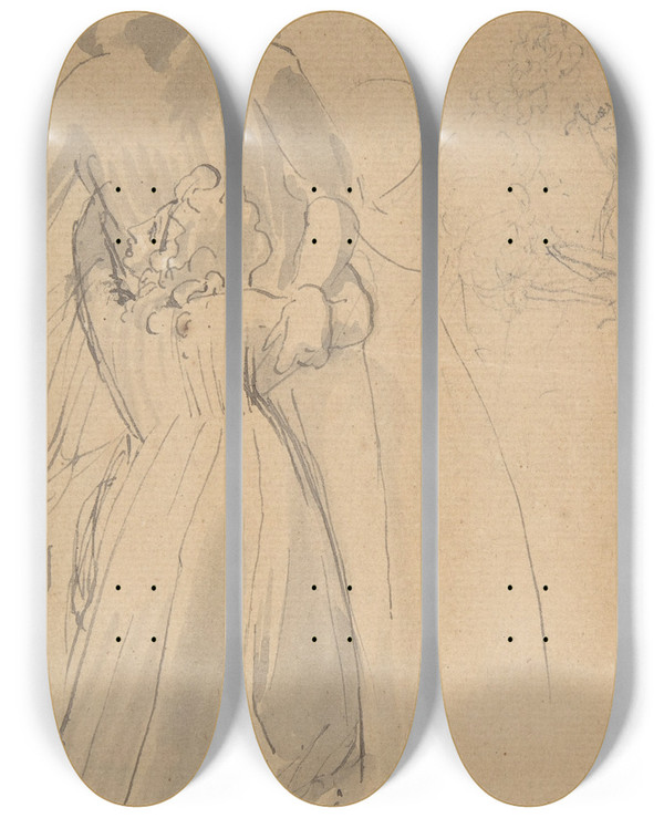 Triptych art skateboard deck of John Flaxman Sheet Of Studies With Female Figure Kneeling And Embracing Standing Figure by John Flaxman (1755-1826)