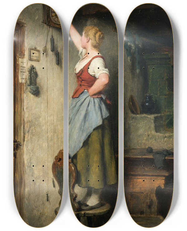 Triptych art skateboard deck of Hugo Kauffmann Mdel An Der Uhr by Hugo Kauffmann (1844-1915)