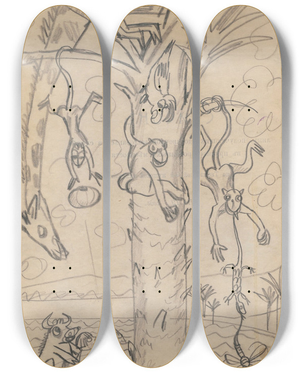 Triptych art skateboard deck of Zygmunt Waliszewski Humorous Drawing For Nephew Alik X by Zygmunt Waliszewski (1897-1936)