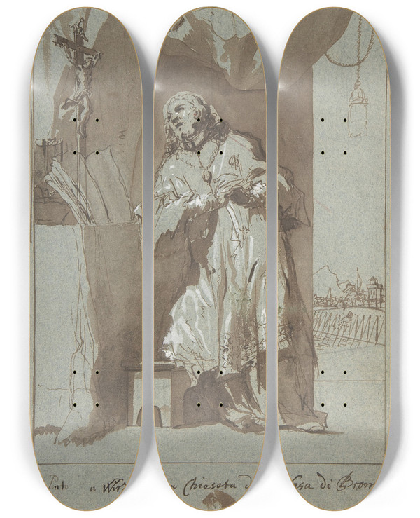 Triptych art skateboard deck of Georg Anton Urlaub Saint John Nepomuk Praying by Georg Anton Urlaub (1713-1759)