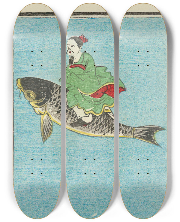Triptych art skateboard deck of Jinta Hirayama Illustrated Catalogue Of Daylight Bomb Shells No 66 by Jinta Hirayama (19-)