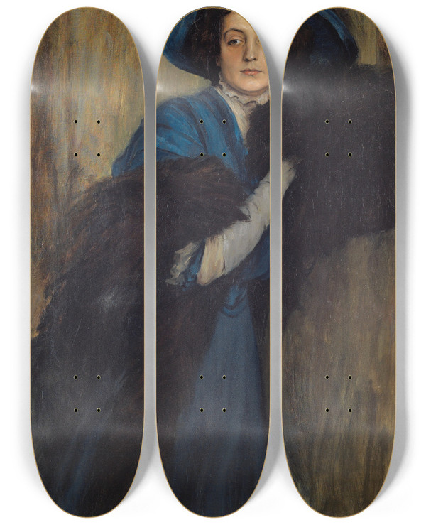 Triptych art skateboard deck of Raimundo De Madrazo Y Garreta Portrait Of A Lady In Blue by Raimundo De Madrazo Y Garreta (1841-1920)