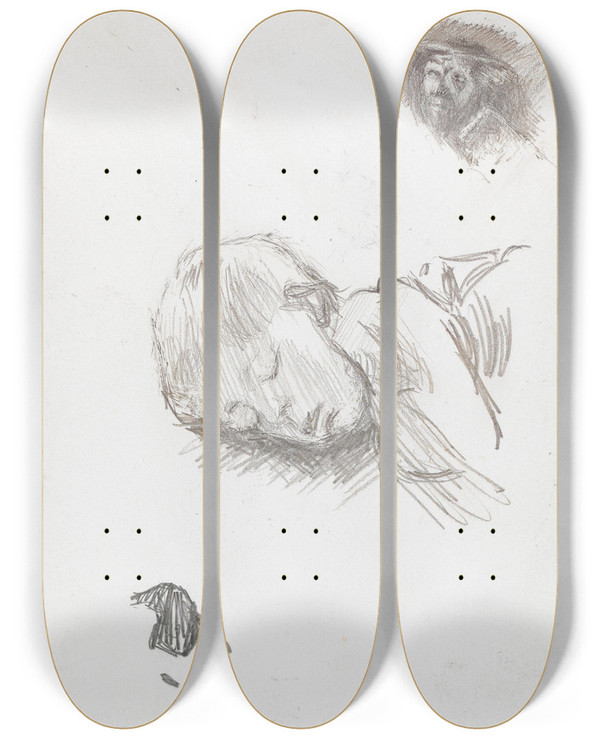 Triptych art skateboard deck of Ludvig Karsten Ansikt Sovende Barn by Ludvig Karsten (1876-1926)