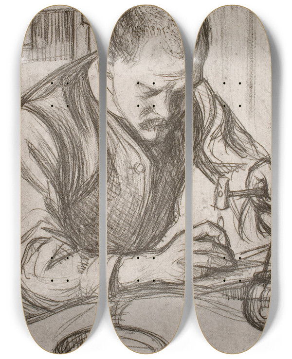 Triptych art skateboard deck of Pekka Halonen Arttu Embossing Copper by Pekka Halonen (1865-1933)