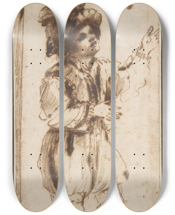 Triptych art skateboard deck of Guercino Boy Chasing A Butterfly by Guercino (1591-1666)