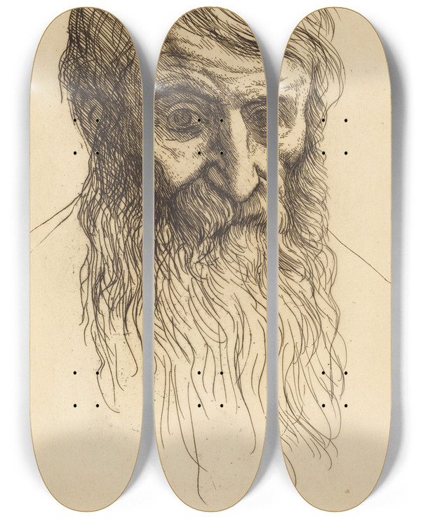 Triptych art skateboard deck of Alphonse Legros Head Of A Philosopher Tete De Philosophe by Alphonse Legros (1837-1911)