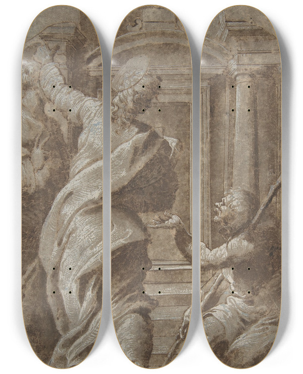 Triptych art skateboard deck of Perino Del Vaga Saints Peter And John Healing A Cripple At The Gate Of The Temple by Perino Del Vaga (1500-1547)
